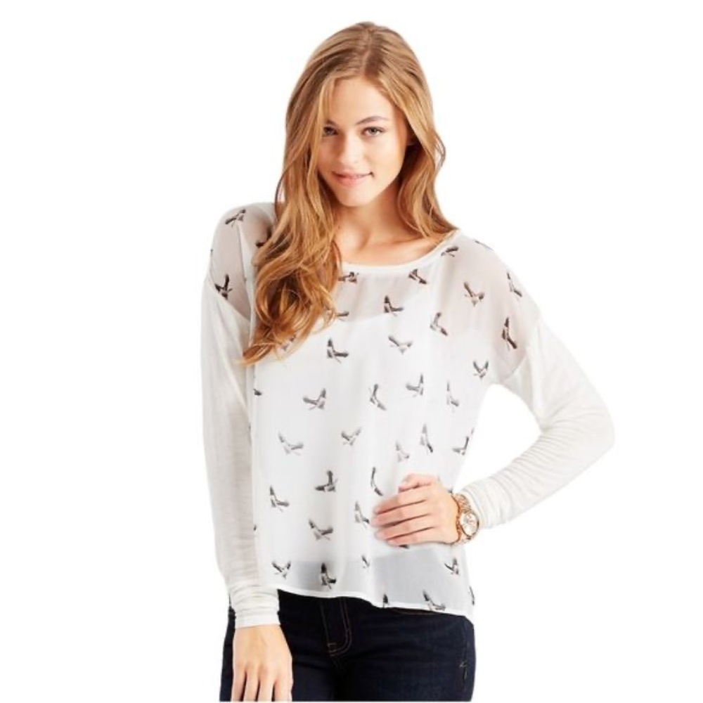 Aeropostale blouse, sheer with birds,  split open back NWT